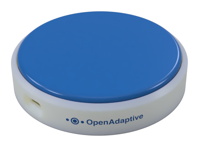 A render of the Open Adaptive Switch: a round white case with a blue button lid, a USB-C port, and the OpenAdaptive mark printed on the side