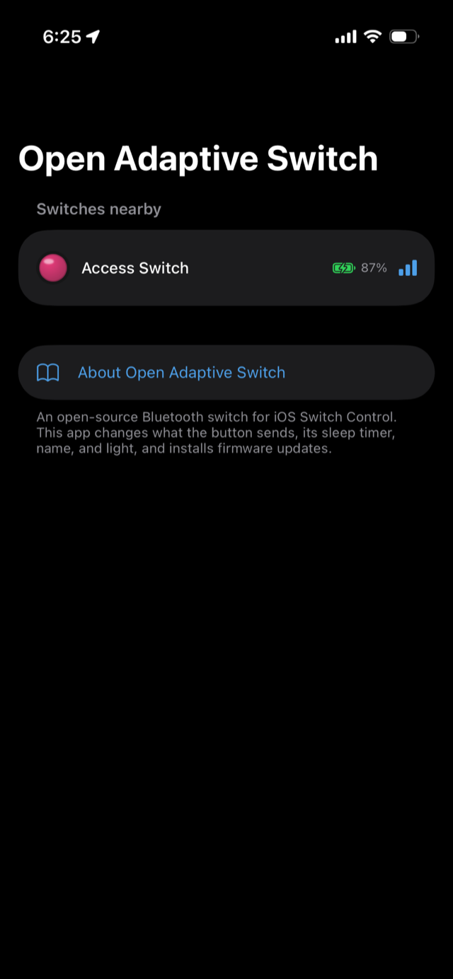 The Open Adaptive Switch iPhone app showing a nearby switch named Access Switch with an 87 percent battery and a pink button icon