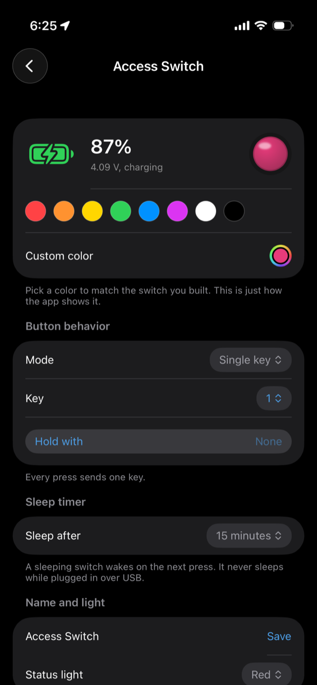 The switch settings screen in the app: battery at 87 percent and charging, color swatches, single key mode, a sleep timer of 15 minutes, and the switch name